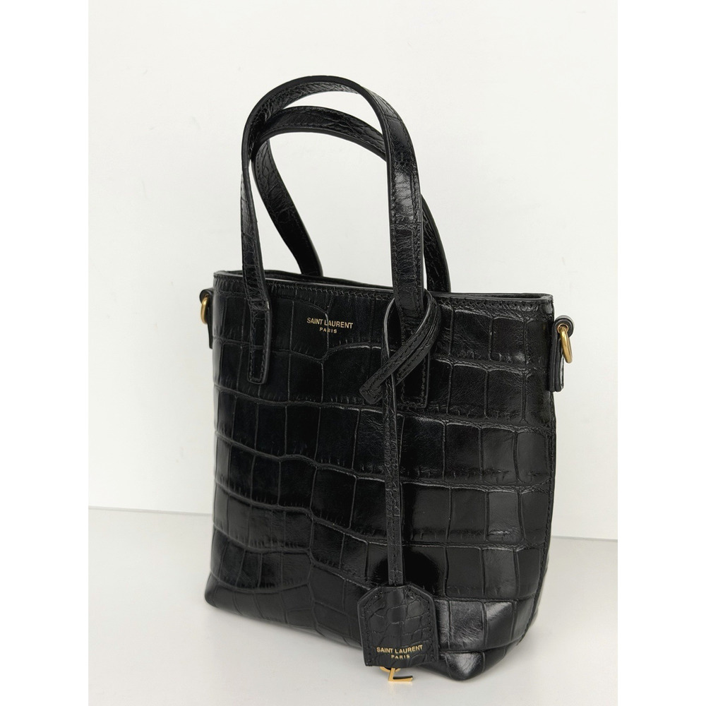 Saint Laurent Mini Toy Shopping Tote Bag in Black Crocodile-Embossed Leather